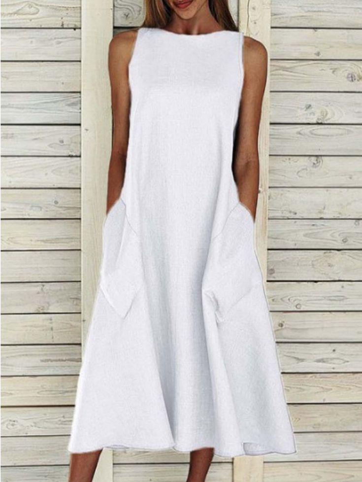 Women Plain Sleeveless Summer Printing Dress Crew Neck Daily Casual Maxi Fit & Flare Dress H-Line Dress