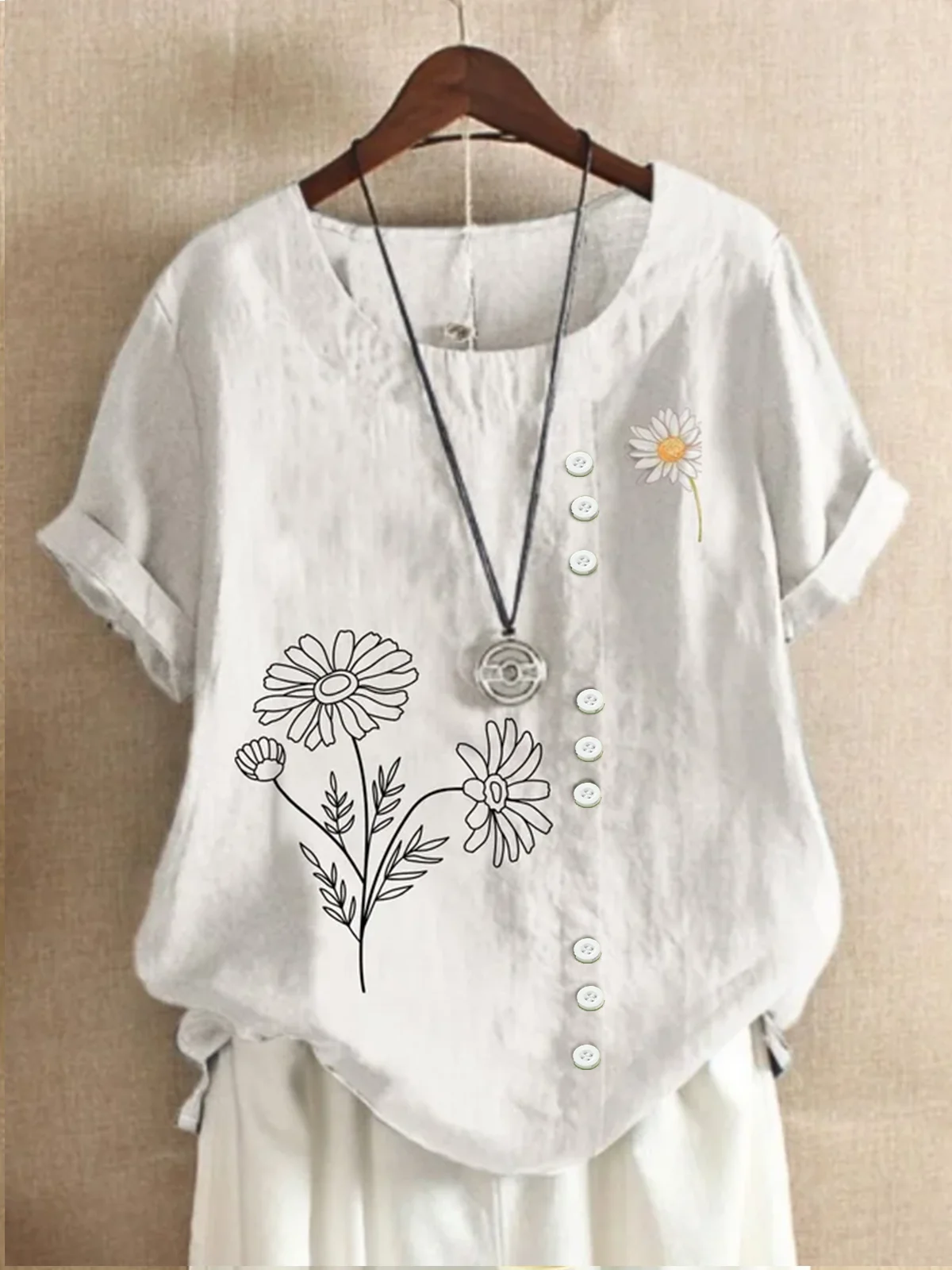 Women Floral Short Sleeve Blouse Summer Crew Neck Daily Casual Top