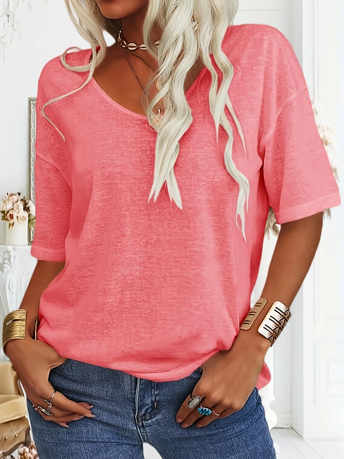 Women Floral Short Sleeve Tee T-shirt V Neck Casual Summer Top