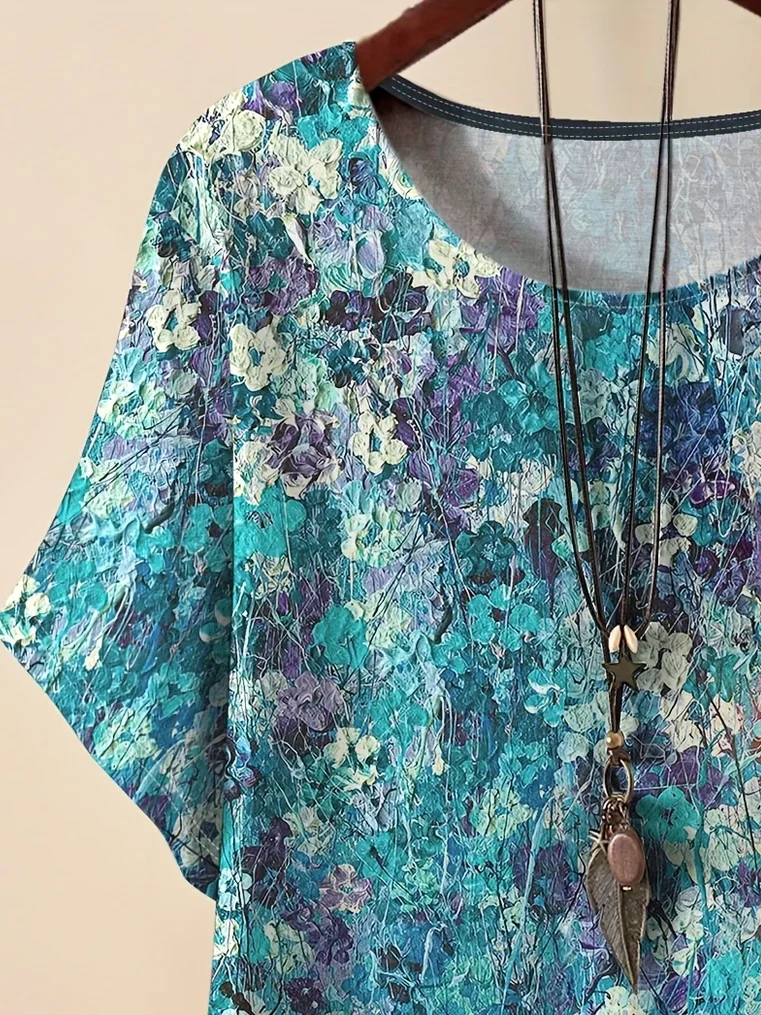 Women Floral Short Sleeve Tee T-shirt Crew Neck Printing Casual Summer Graphic Tee Top