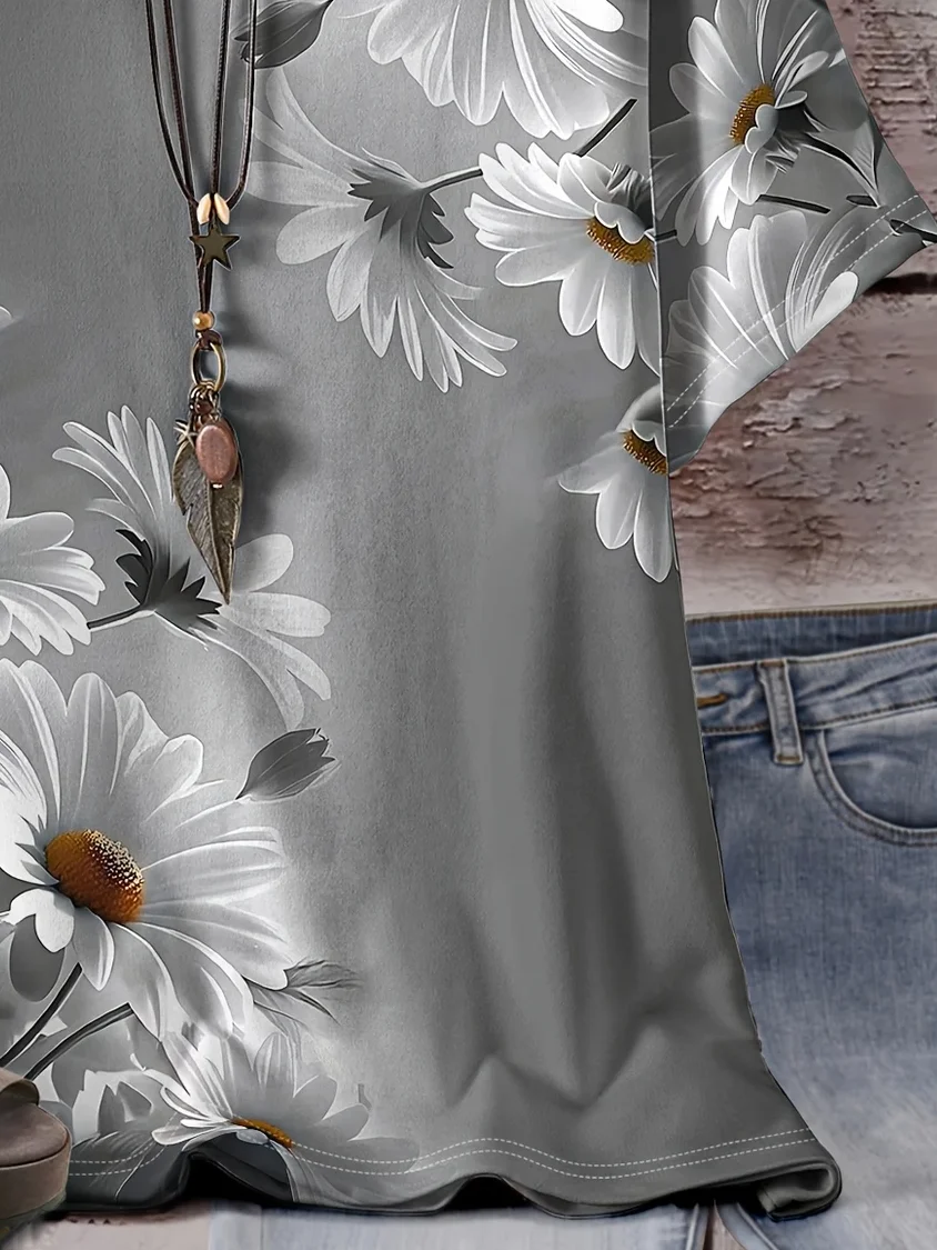 Women Floral Short Sleeve Tee T-shirt Crew Neck Printing Casual Summer Graphic Tee Top