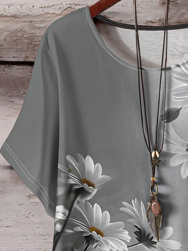 Women Floral Short Sleeve Tee T-shirt Crew Neck Printing Casual Summer Graphic Tee Top