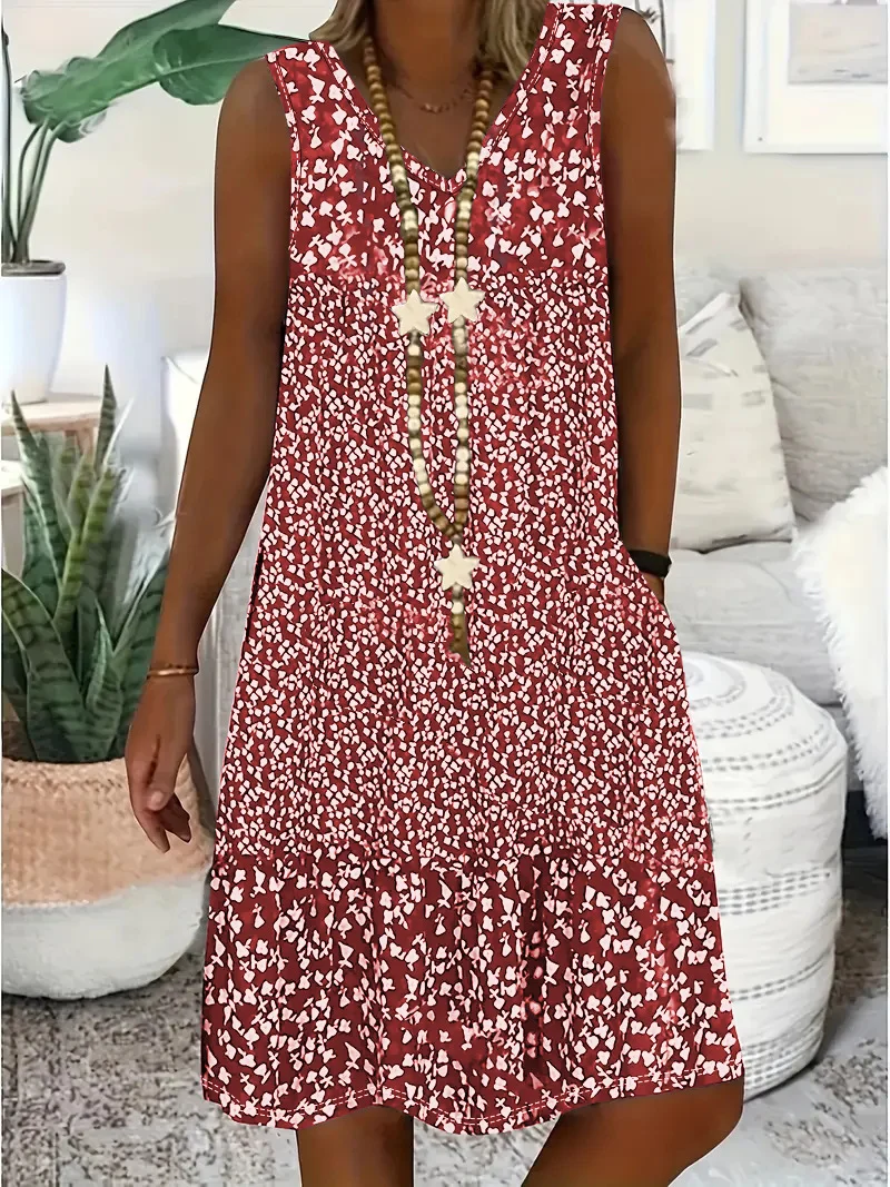 Women Floral Sleeveless Summer Dress V Neck Daily Casual Midi A-Line Dress