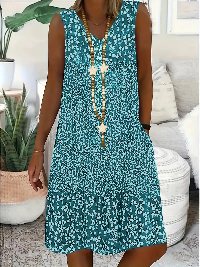 Women Floral Sleeveless Summer Dress V Neck Daily Casual Midi A-Line Dress