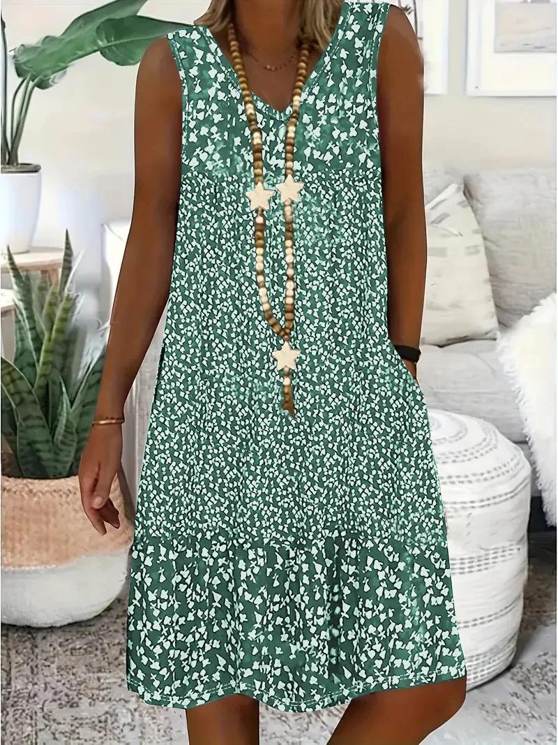Women Floral Sleeveless Summer Dress V Neck Daily Casual Midi A-Line Dress