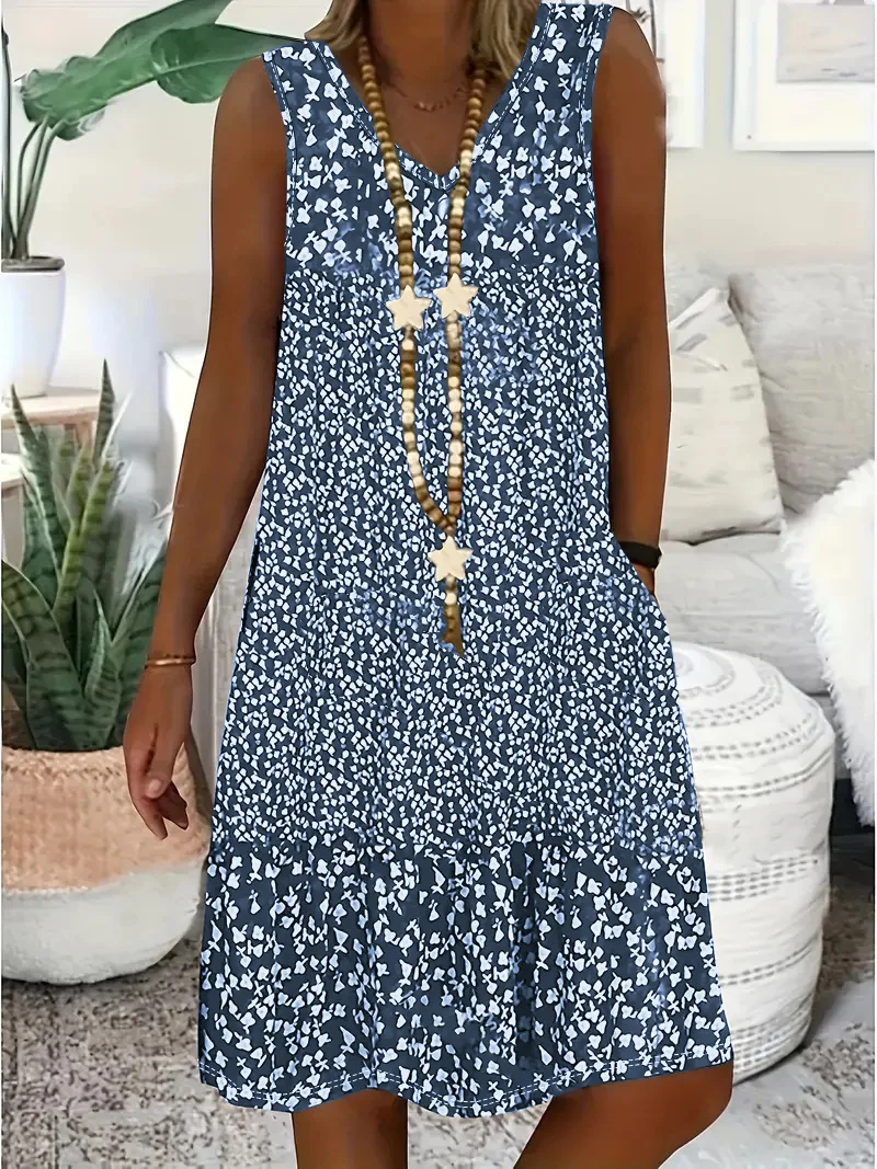 Women Floral Sleeveless Summer Dress V Neck Daily Casual Midi A-Line Dress