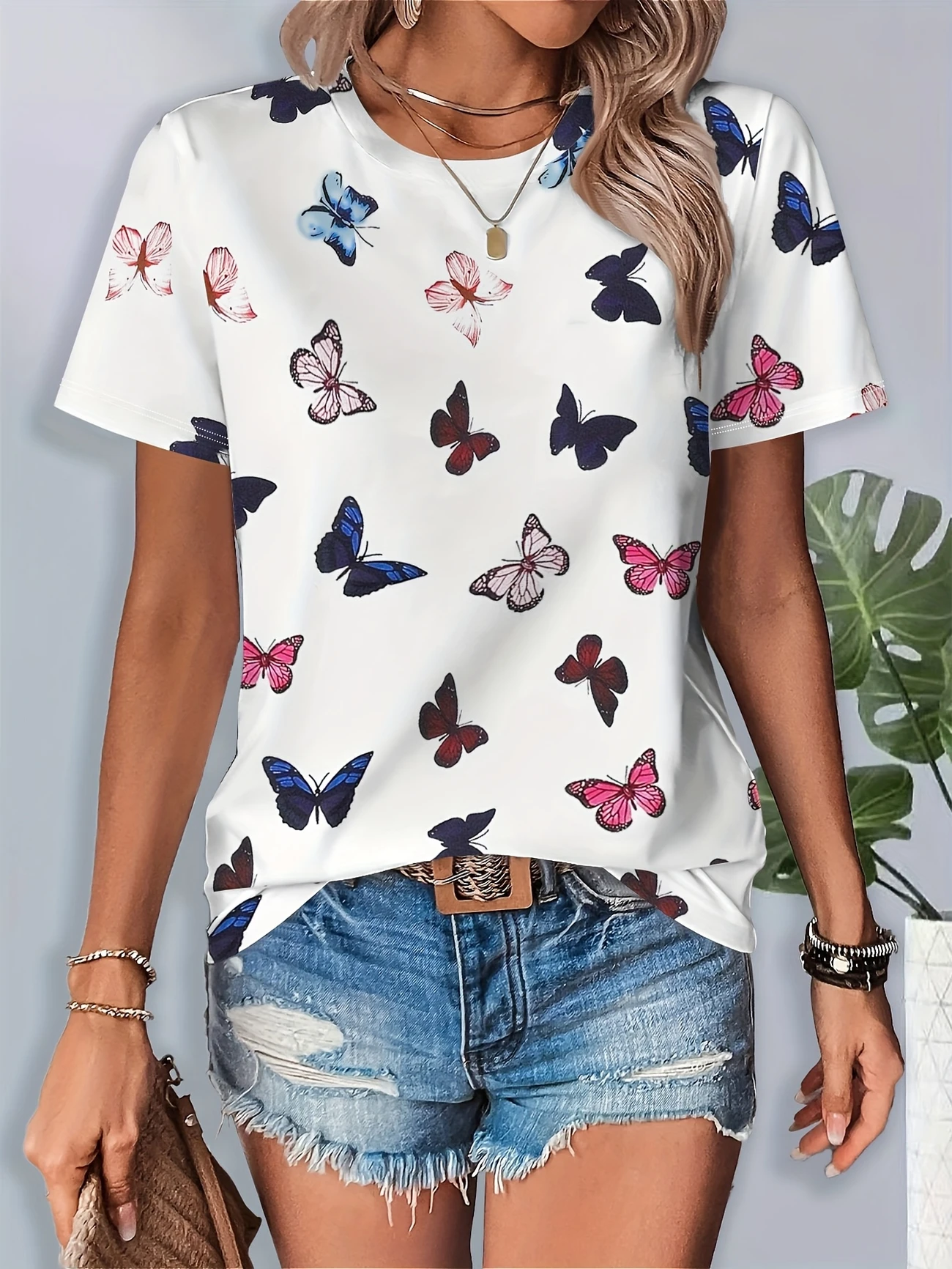 Women Butterfly Short Sleeve Tee T-shirt Crew Neck Printing Casual Summer Graphic Tee Top