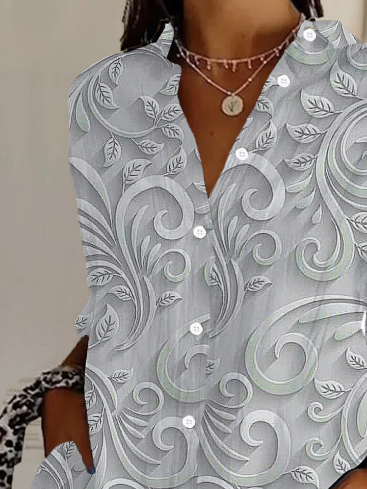 Women Floral Long Sleeve Shirt Spring/Fall Buckle Shirt Collar Daily Casual Top