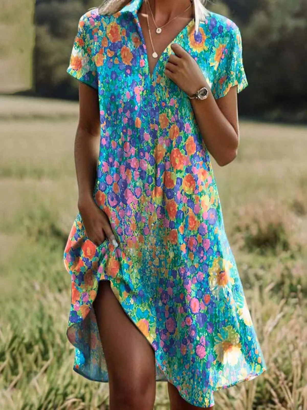 Women Floral Short Sleeve Summer Dress Shirt Collar Daily Casual Midi A-Line Dress