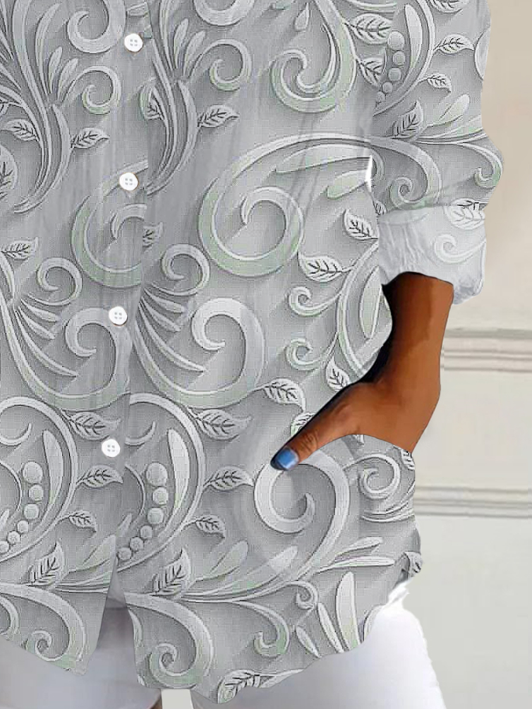 Women Floral Long Sleeve Shirt Spring/Fall Buckle Shirt Collar Daily Casual Top