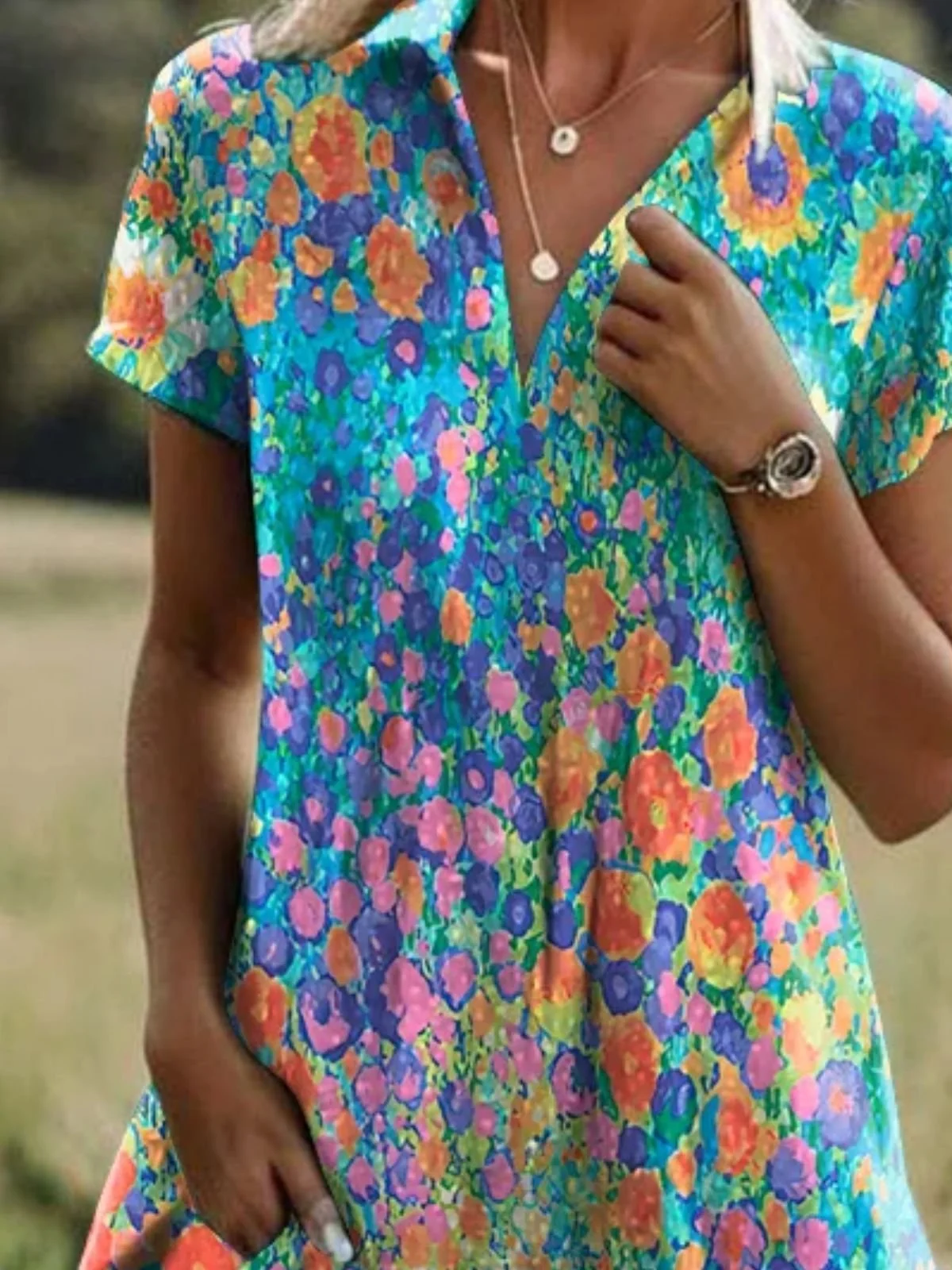 Women Floral Short Sleeve Summer Dress Shirt Collar Daily Casual Midi A-Line Dress