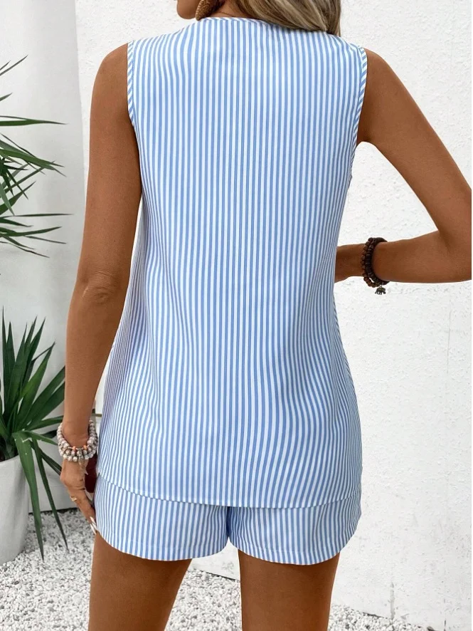 Women Striped Two-Piece Set Daily Sleeveless Casual Summer Short Sets Matching Set
