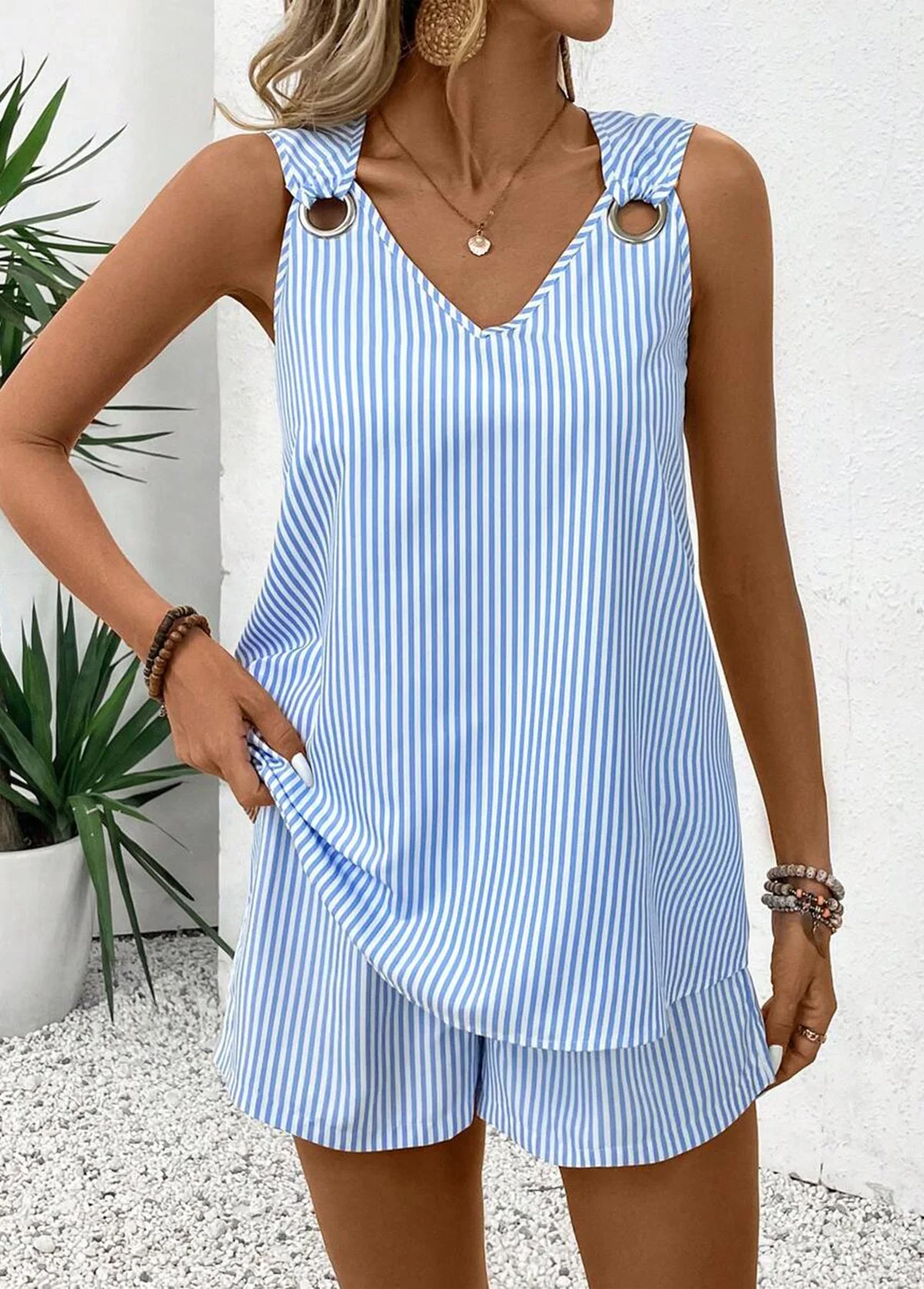 Women Striped Two-Piece Set Daily Sleeveless Casual Summer Short Sets Matching Set