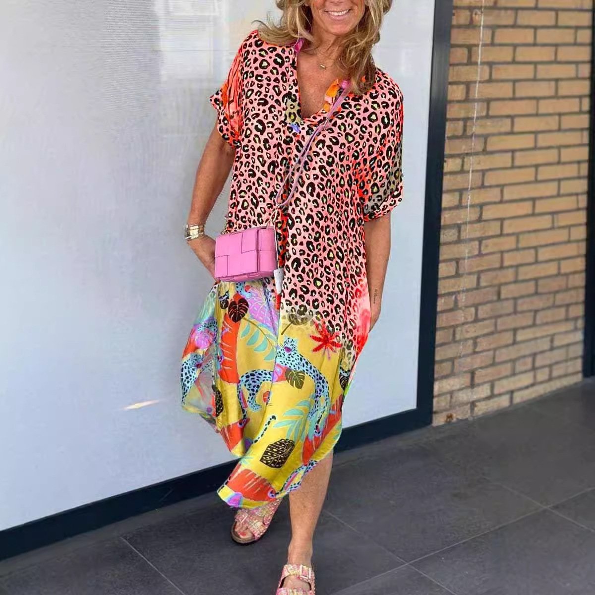 Women Floral Short Sleeve Summer Dress Half Open Collar Daily Vintage Maxi Shirt Dress A-Line Dress