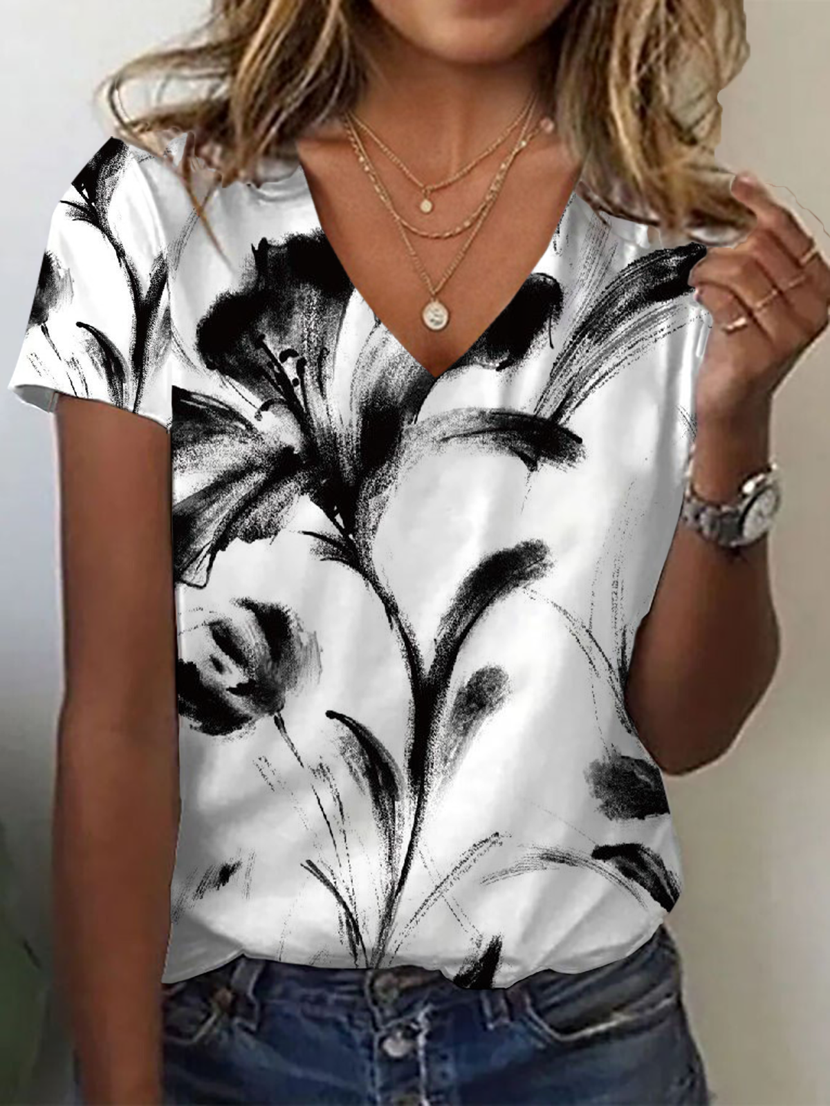 Women Floral Short Sleeve Tee T-shirt V Neck Printing Casual Summer Graphic Tee Top