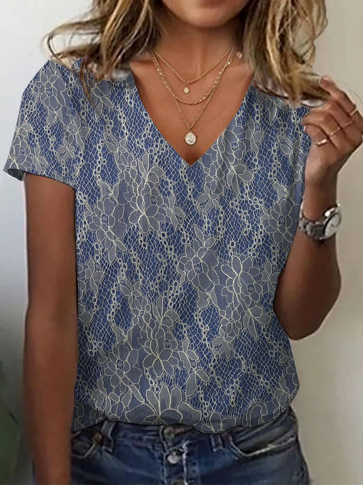 Women Floral Short Sleeve Tee T-shirt V Neck Printing Casual Summer Graphic Tee Top