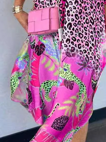 Women Floral Short Sleeve Summer Dress Half Open Collar Daily Vintage Maxi Shirt Dress A-Line Dress