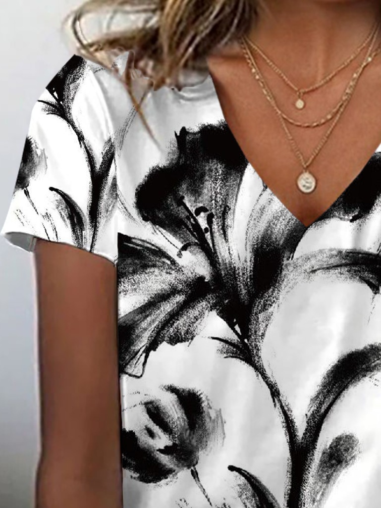 Women Floral Short Sleeve Tee T-shirt V Neck Printing Casual Summer Graphic Tee Top
