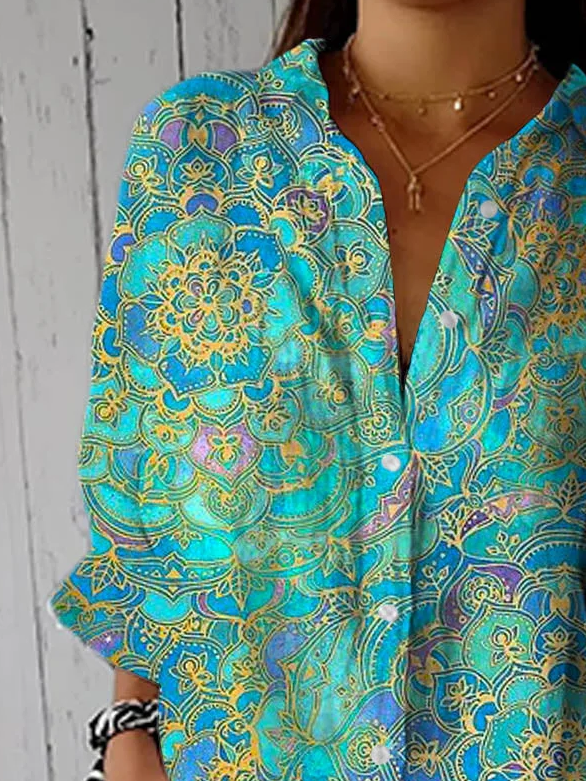 Women Floral Three Quarter Sleeve Shirt Spring/Fall Printing Shirt Collar Daily Casual Top