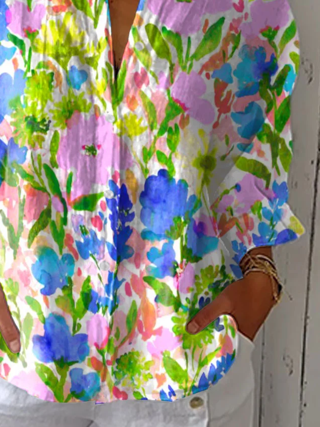 Women Floral Three Quarter Sleeve Shirt Spring/Fall Printing Shirt Collar Daily Casual Top