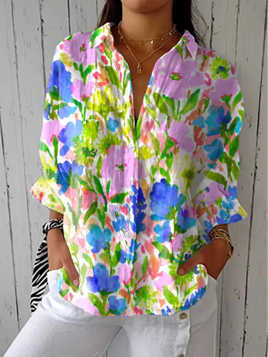 Women Floral Three Quarter Sleeve Shirt Spring/Fall Printing Shirt Collar Daily Casual Top