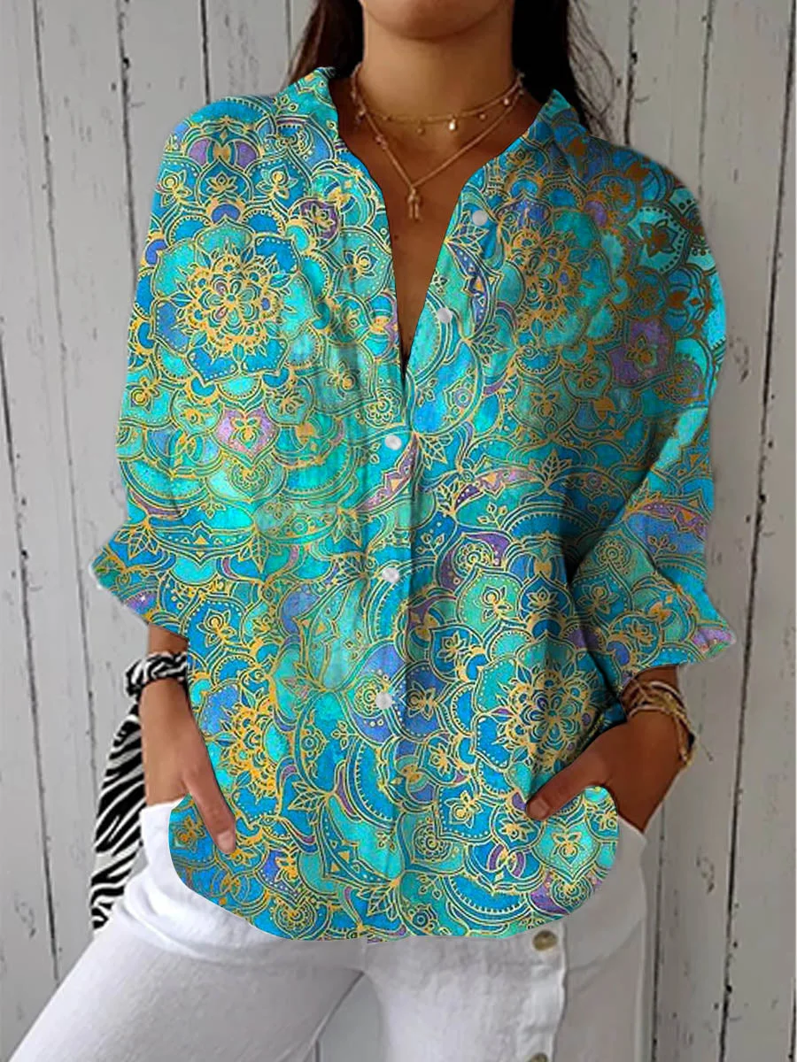 Women Floral Three Quarter Sleeve Shirt Spring/Fall Printing Shirt Collar Daily Casual Top