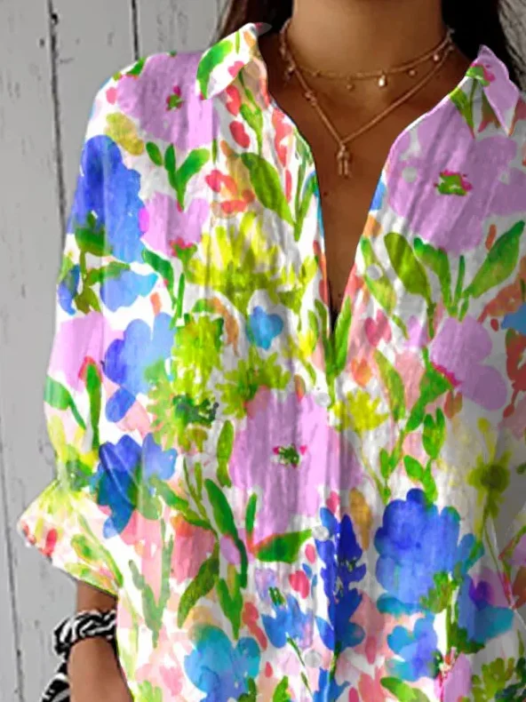 Women Floral Three Quarter Sleeve Shirt Spring/Fall Printing Shirt Collar Daily Casual Top