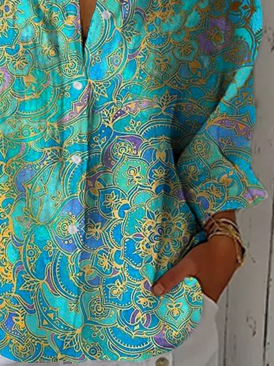 Women Floral Three Quarter Sleeve Shirt Spring/Fall Printing Shirt Collar Daily Casual Top