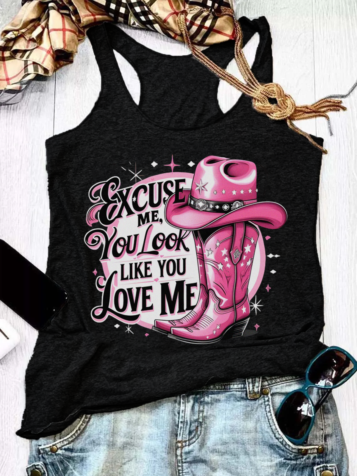 Women Sleeveless Tank Top Camisole Summer Letter Pattern U-Neck Holiday Casual Top