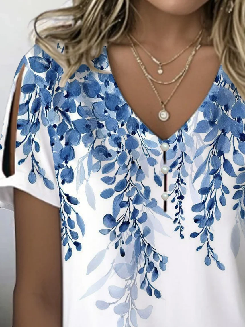 Women Floral Short Sleeve Tee T-shirt V Neck Printing Casual Summer Graphic Tee Top