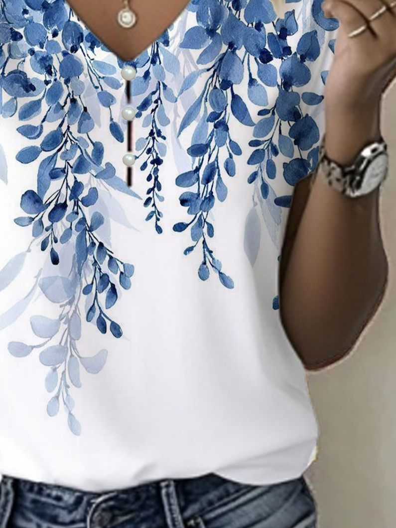 Women Floral Short Sleeve Tee T-shirt V Neck Printing Casual Summer Graphic Tee Top