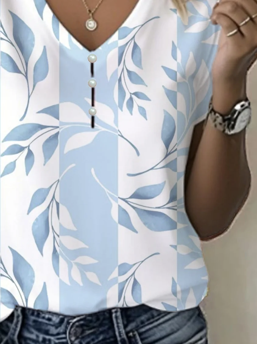 Women Floral Short Sleeve Tee T-shirt V Neck Printing Casual Summer Graphic Tee Top