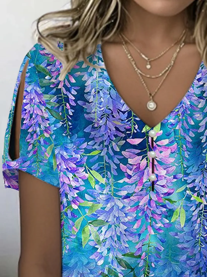Women Floral Short Sleeve Tee T-shirt V Neck Printing Casual Summer Graphic Tee Top