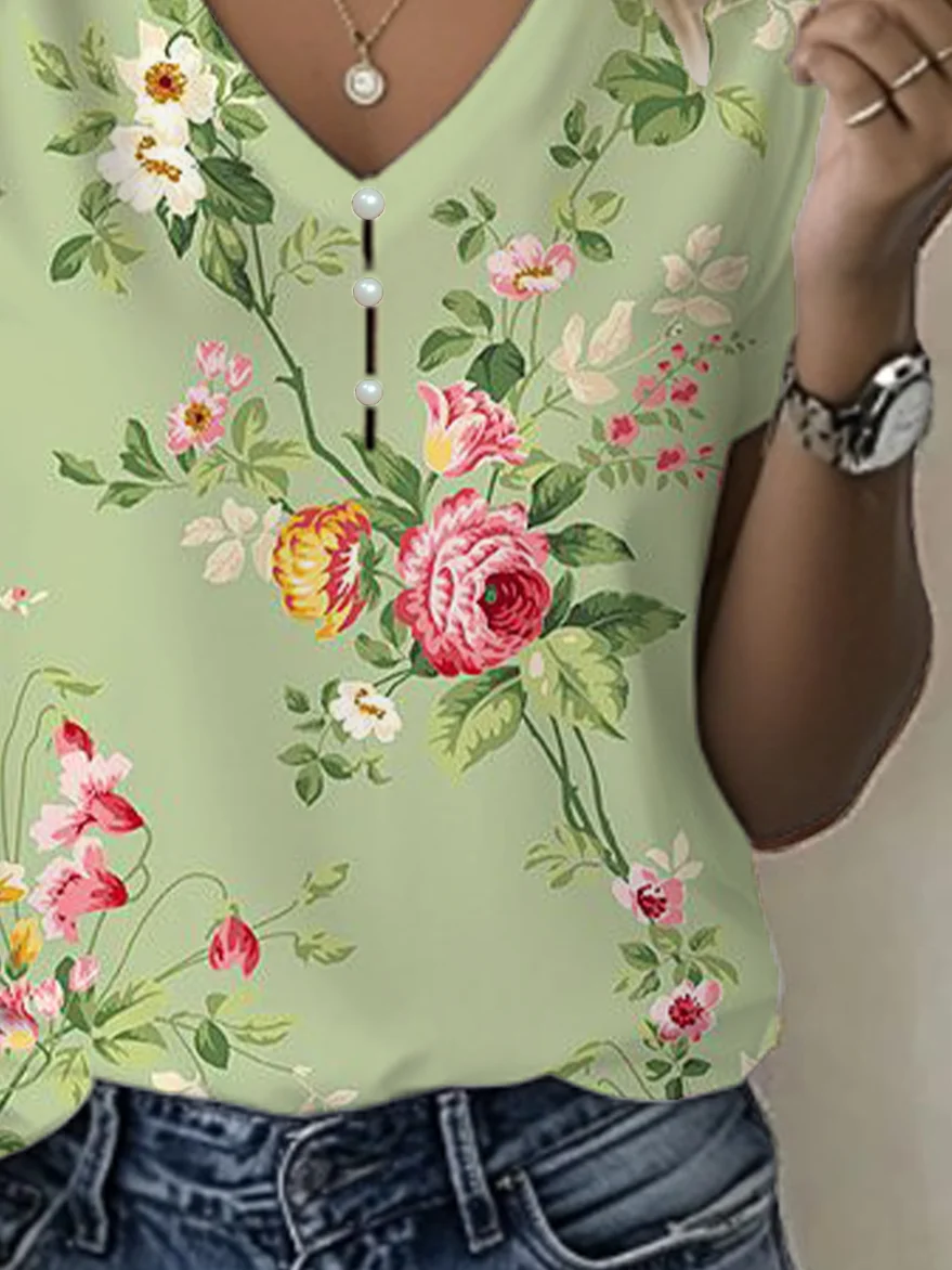 Women Floral Short Sleeve Tee T-shirt V Neck Printing Casual Summer Graphic Tee Top