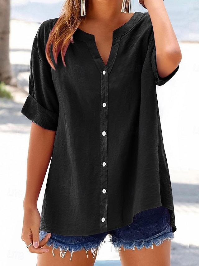 Women Plain Short Sleeve Shirt Summer V Neck Daily Casual Top