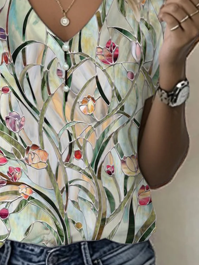 Women Floral Short Sleeve Tee T-shirt V Neck Printing Casual Summer Graphic Tee Top