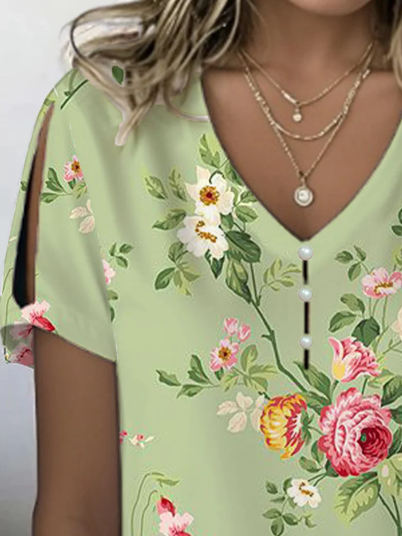 Women Floral Short Sleeve Tee T-shirt V Neck Printing Casual Summer Graphic Tee Top