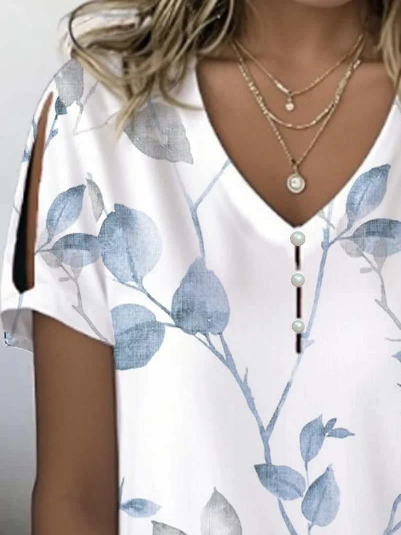 Women Floral Short Sleeve Tee T-shirt V Neck Printing Casual Summer Graphic Tee Top