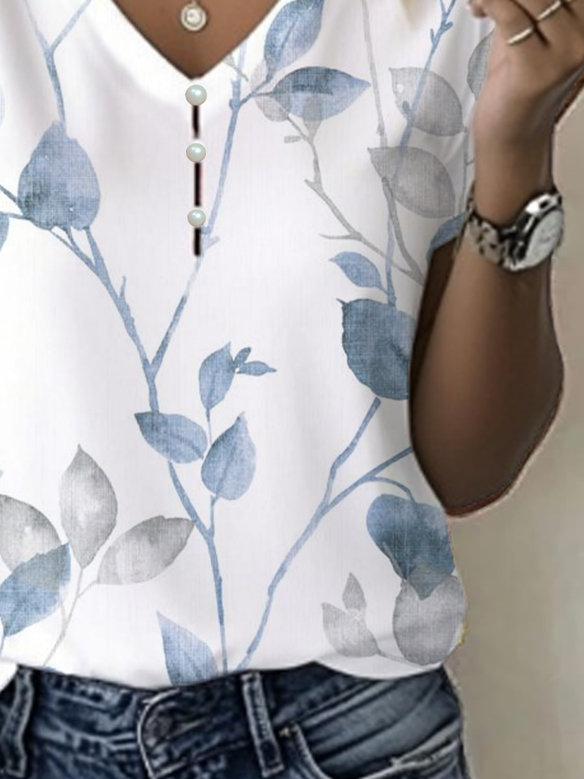 Women Floral Short Sleeve Tee T-shirt V Neck Printing Casual Summer Graphic Tee Top