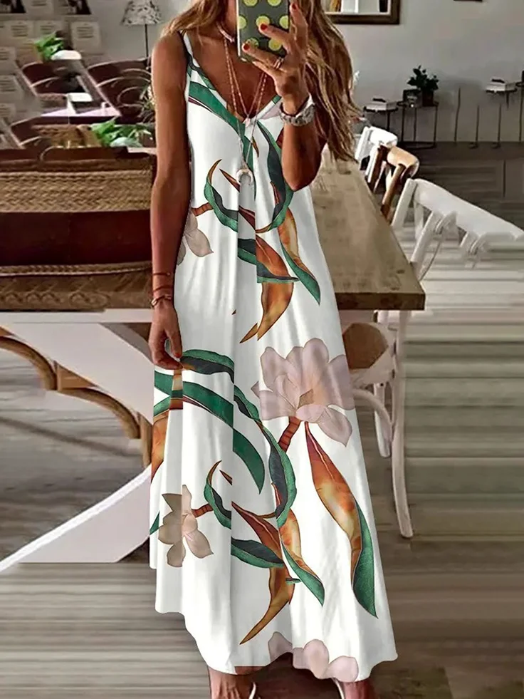 Women Floral Sleeveless Summer Printing Dress V Neck Daily Casual Maxi Slip Dress X-Line Dress