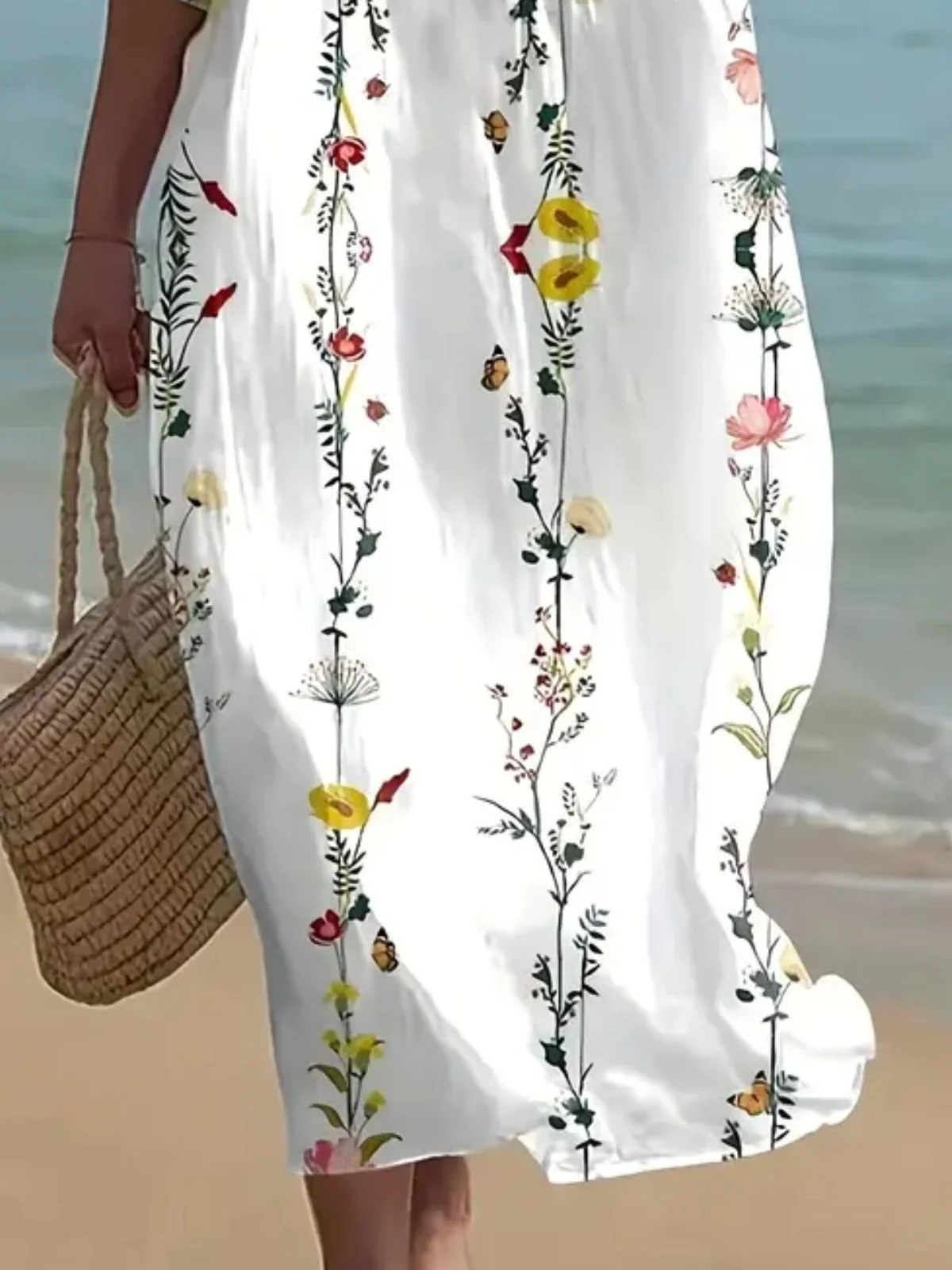 Women Floral Short Sleeve Summer Dress Crew Neck Daily Casual Maxi A-Line Dress