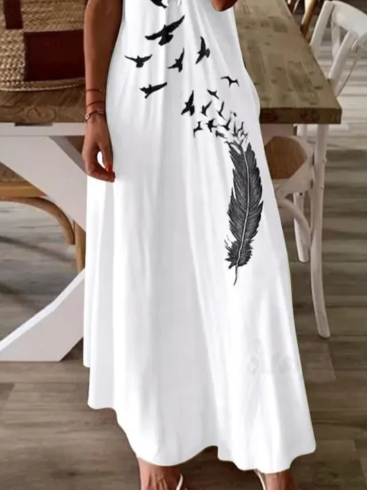 Women Bird Sleeveless Summer Printing Dress V Neck Daily Casual Maxi Slip Dress X-Line Dress