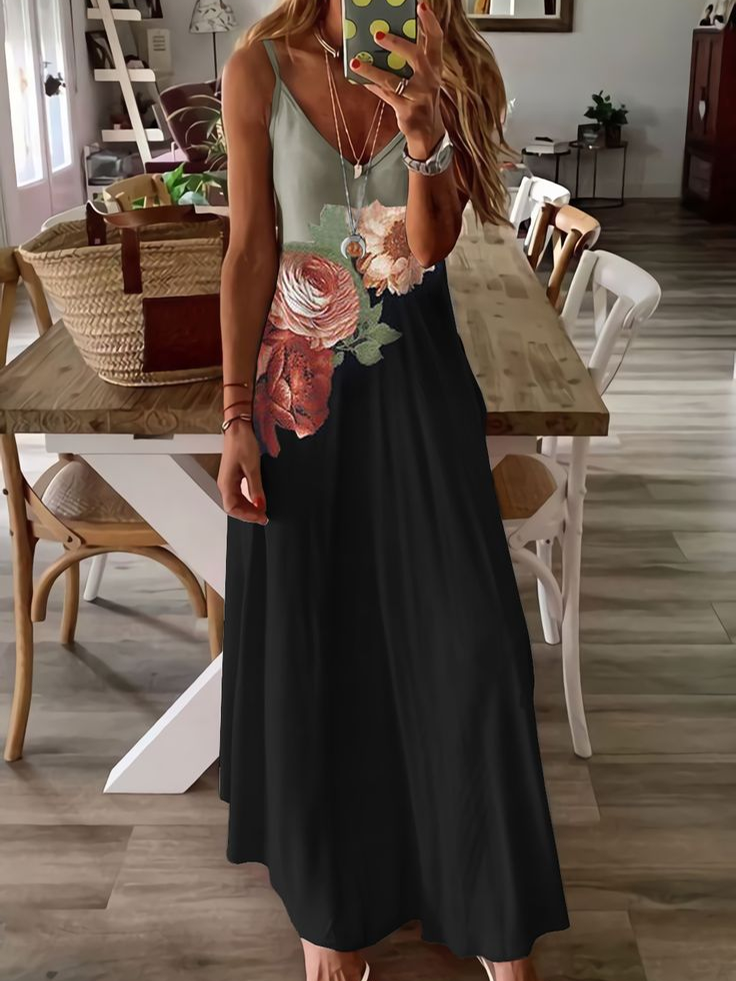 Women Floral Sleeveless Summer Printing Dress V Neck Daily Casual Maxi Slip Dress X-Line Dress