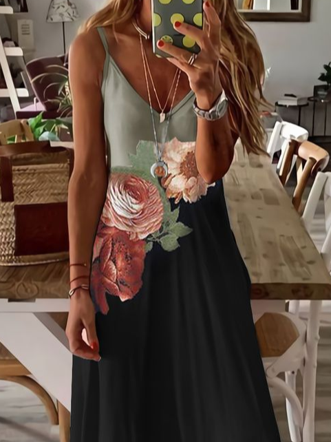 Women Floral Sleeveless Summer Printing Dress V Neck Daily Casual Maxi Slip Dress X-Line Dress