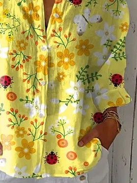 Women Floral Three Quarter Sleeve Shirt Spring/Fall Printing Shirt Collar Daily Casual Top