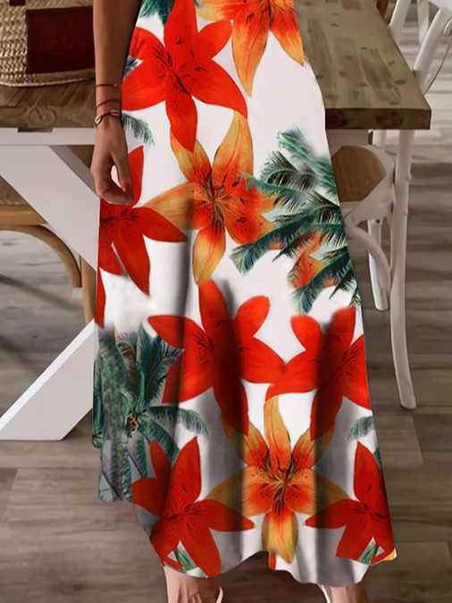 Women Floral Sleeveless Summer Printing Dress V Neck Daily Casual Maxi Slip Dress X-Line Dress