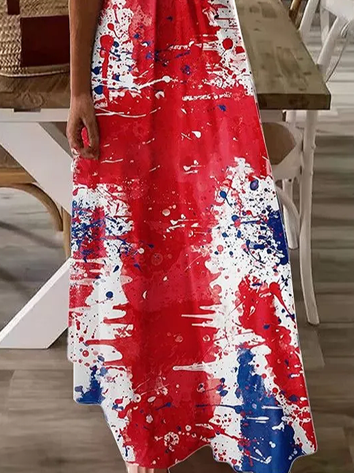 Women Independence Day (Flag) Sleeveless Summer Printing Dress V Neck Daily Casual Maxi Slip Dress X-Line Dress