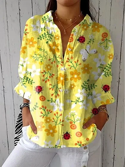 Women Floral Three Quarter Sleeve Shirt Spring/Fall Printing Shirt Collar Daily Casual Top
