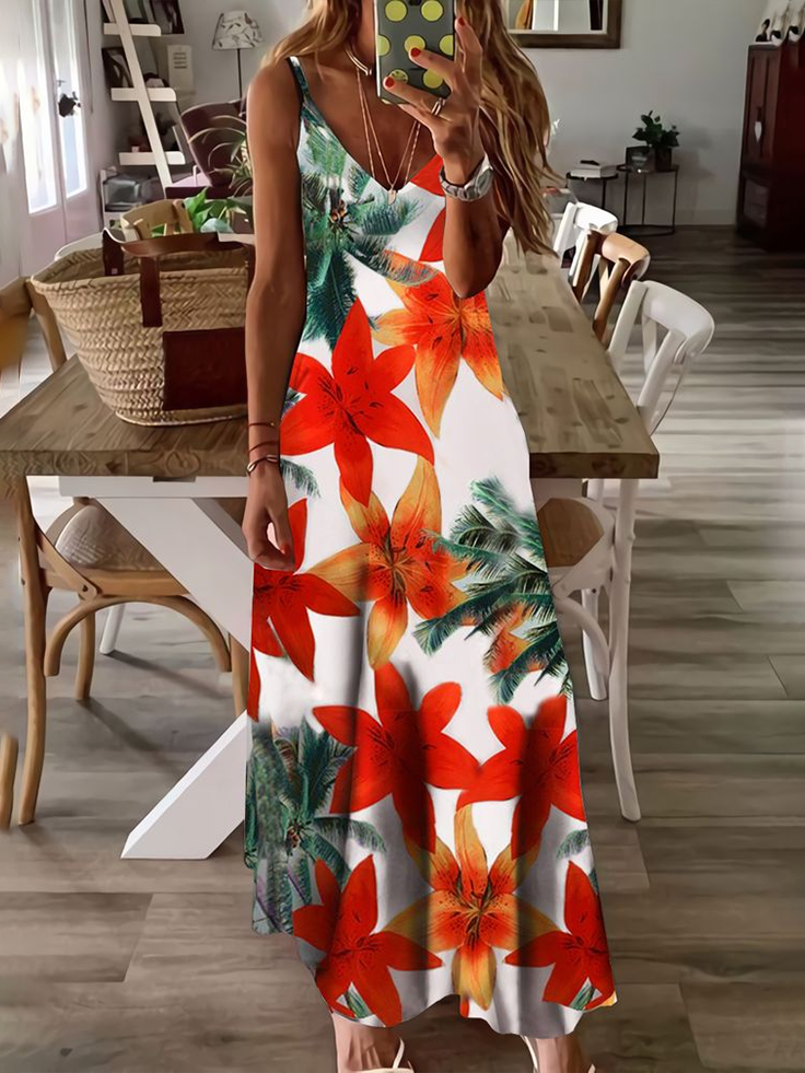 Women Floral Sleeveless Summer Printing Dress V Neck Daily Casual Maxi Slip Dress X-Line Dress