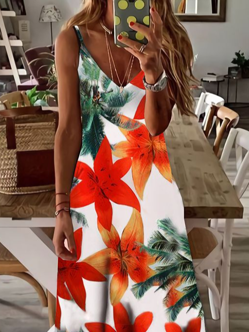 Women Floral Sleeveless Summer Printing Dress V Neck Daily Casual Maxi Slip Dress X-Line Dress